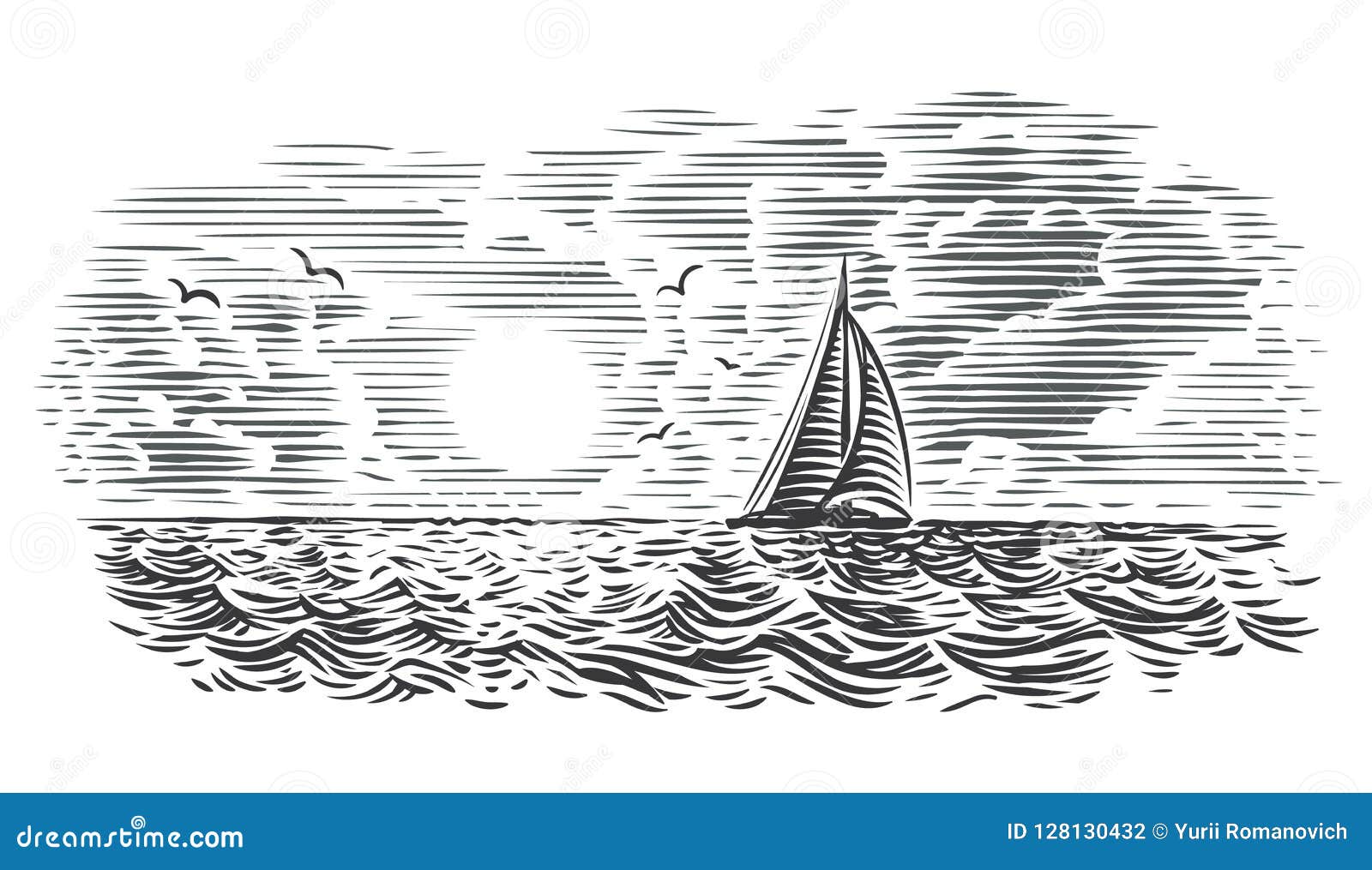 Черно белый рисунок моря
