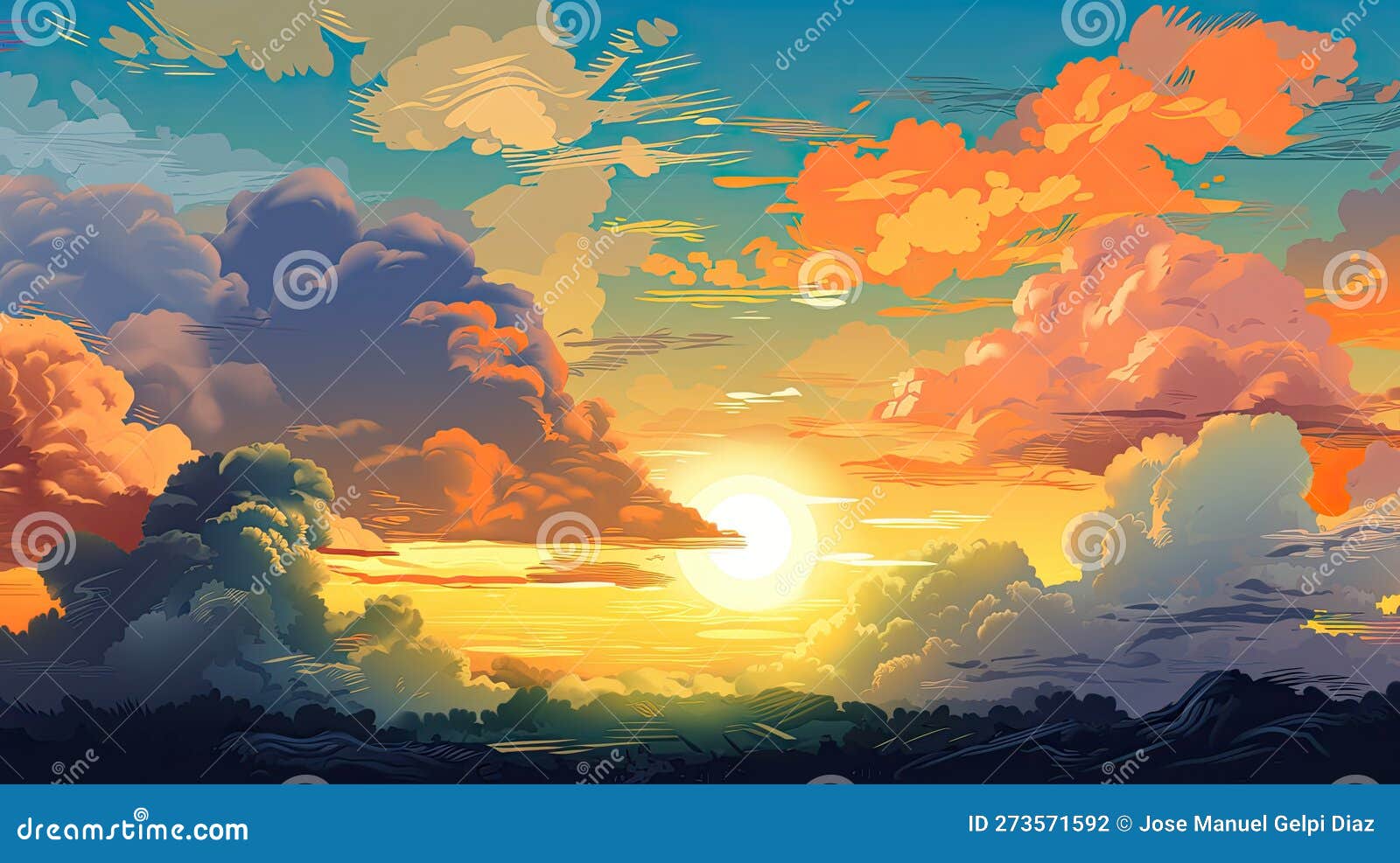 иллюстрированное небо с облаками солнечных звезд, восход солнца или закат.  художественный цифровой рисунок. атмосферный и мечтател Иллюстрация штока -  иллюстрации насчитывающей природа, счастливо: 273571592