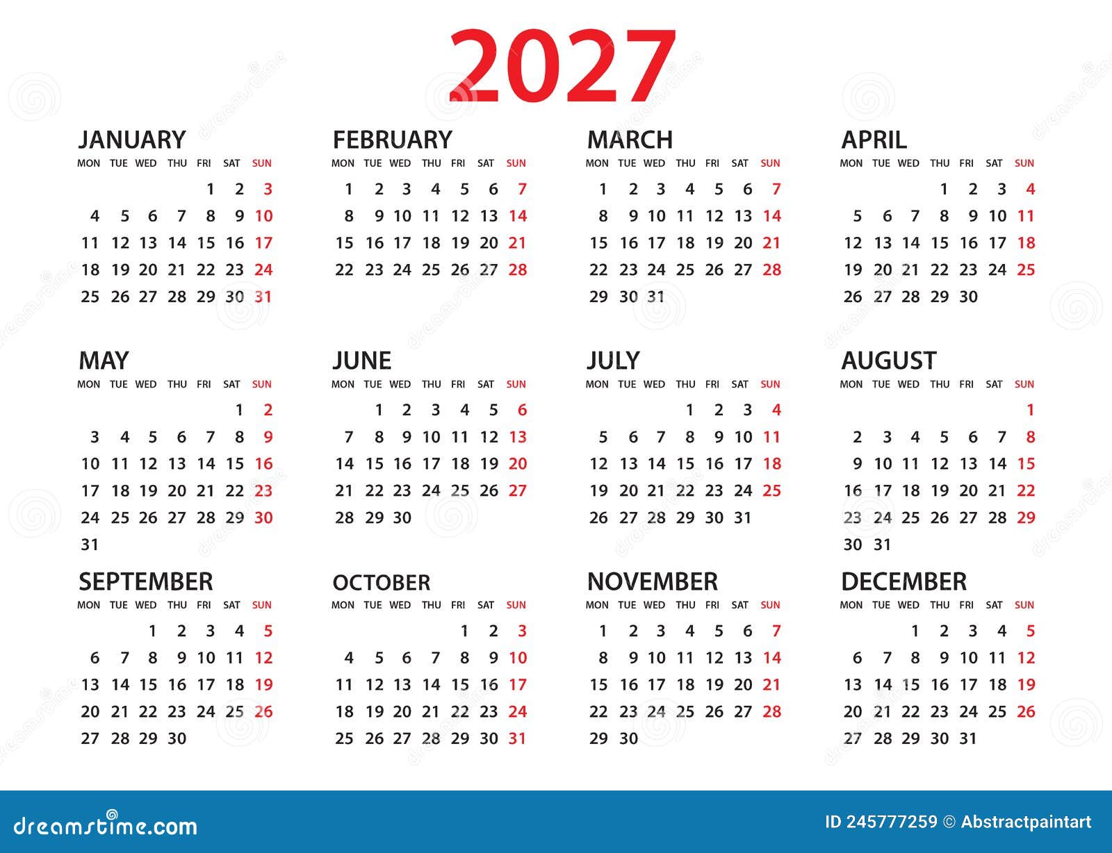 Календарь 2027 года по месяцам Простой календарь 2027 год иллюстрация вектора. иллюстрации насчитывающей дневни