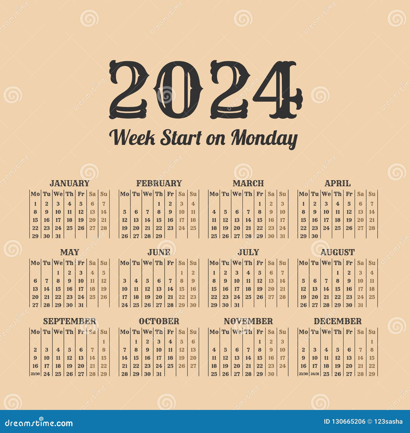 календарь 2024 год винтажный Старт недель в понедельник Иллюстрация вектора  - иллюстрации насчитывающей сезон, календар: 130665206