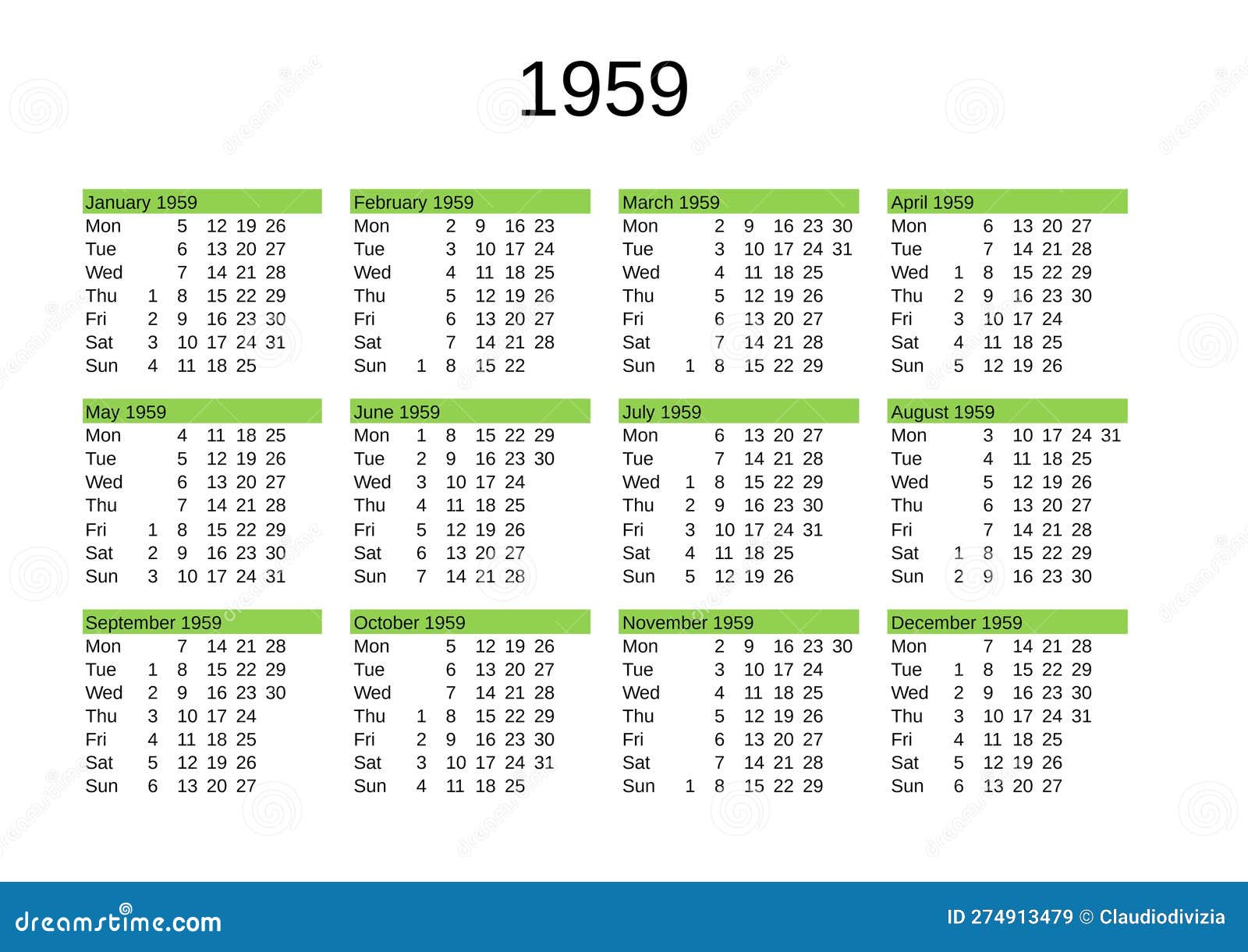 календарь 1959 года по месяцам и дням
