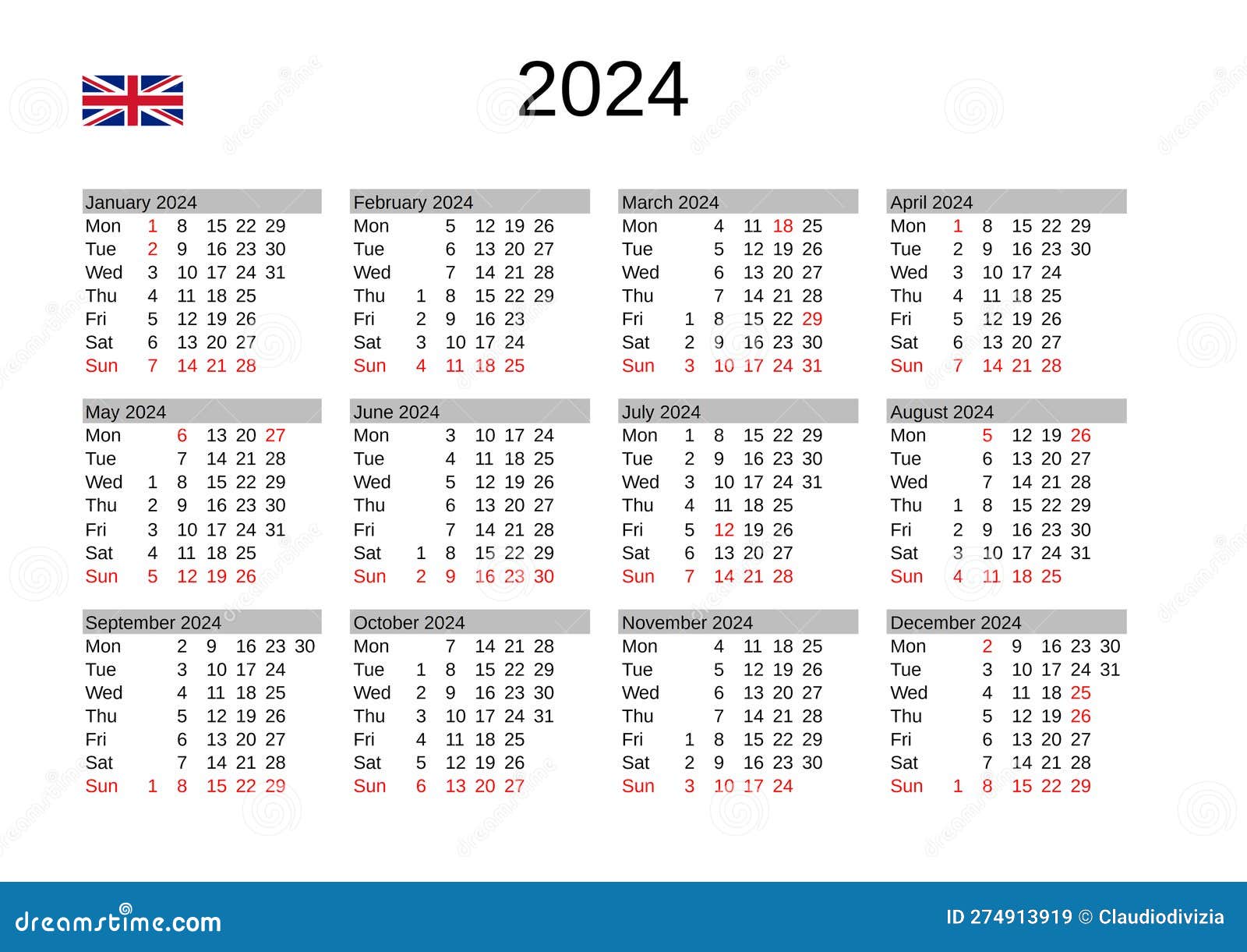календарь на 2024 год на английском языке с праздниками объединенного  королевства Иллюстрация штока - иллюстрации насчитывающей июнь, праздники:  274913919