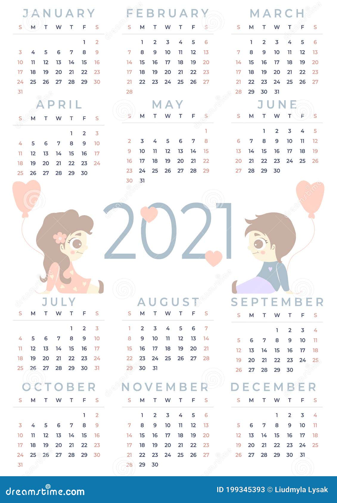 Календарь на 2021 год Год- 12 месяца Пара в любви- красивый мальчик и  девочка сидят с воздушным шаром в их руках Иллюстрация вектора -  иллюстрации насчитывающей уютный, календар: 199345393