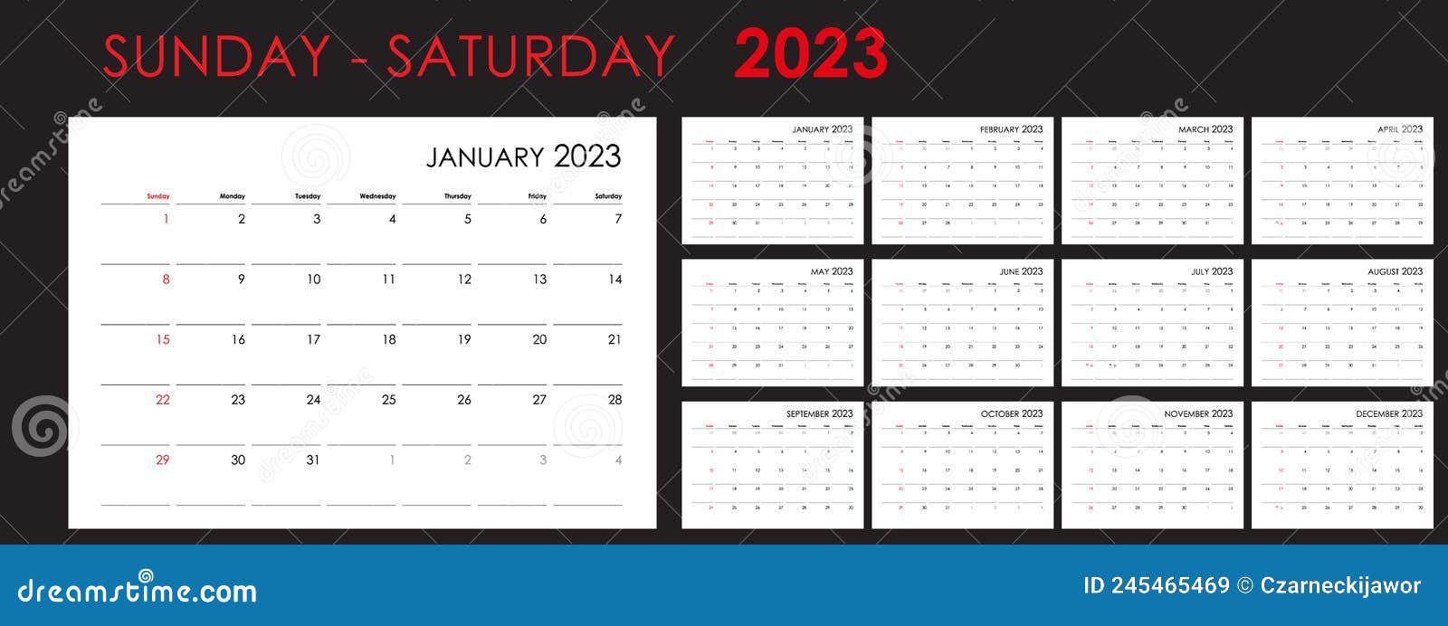 календарь на 2023 год. организатор и планировщик на каждый день. неделя  начинается с воскресенья. Иллюстрация вектора - иллюстрации насчитывающей  ежедневно, сидел: 245465469