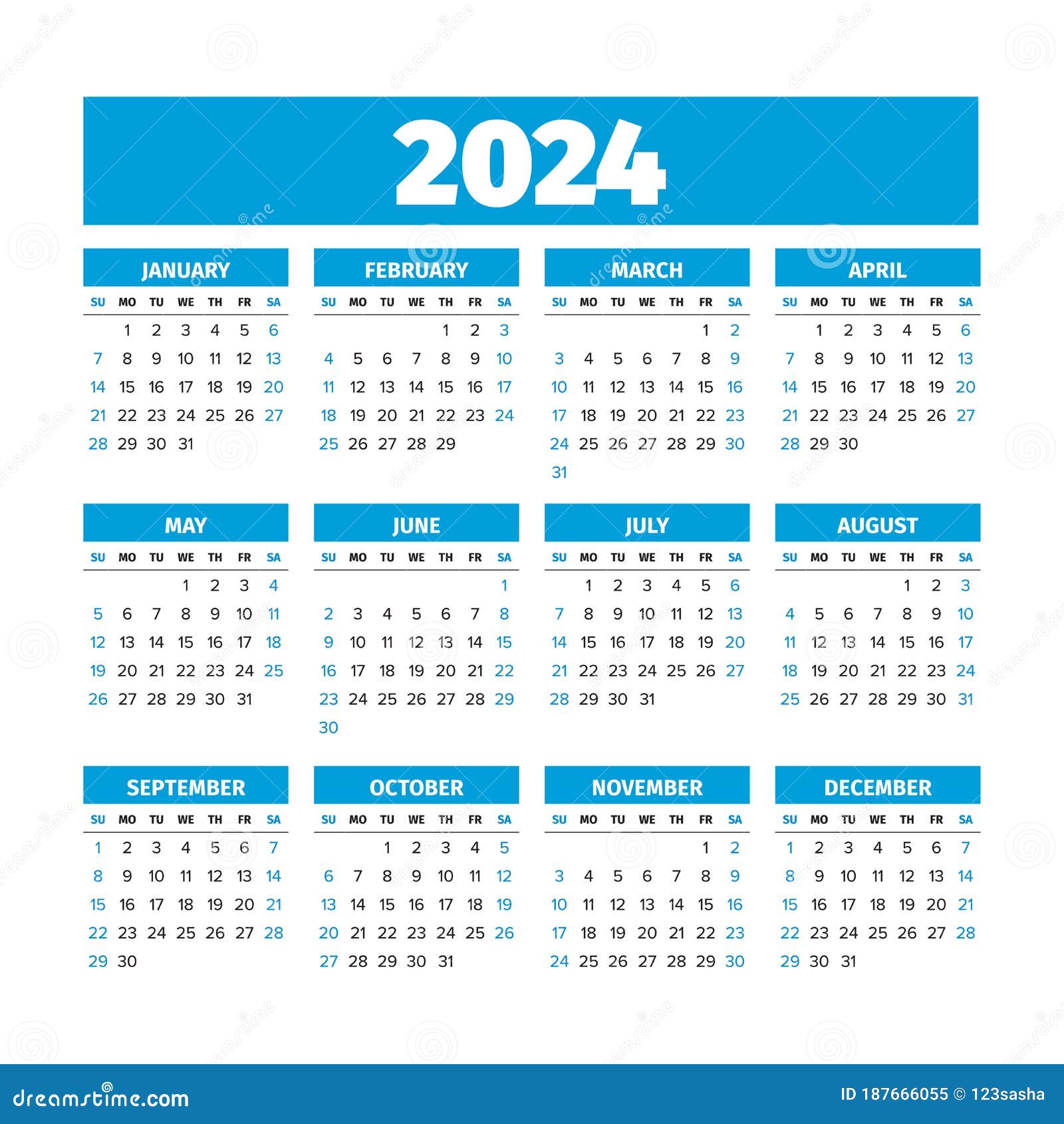 Календарь на 2024 год с недели начнется в воскресенье Иллюстрация вектора -  иллюстрации насчитывающей дневник, шаблон: 187666055
