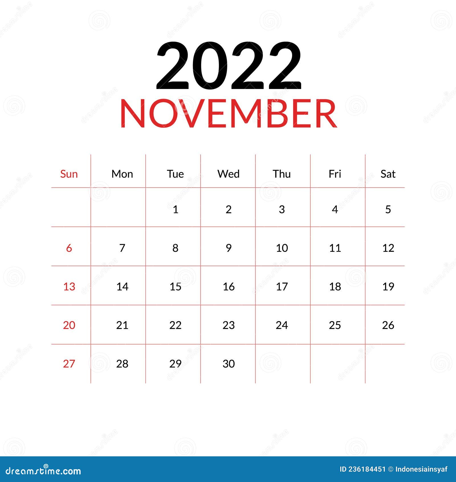 календарь на ноябрь 2022 года и неделя начинаются в воскресенье Иллюстрация  вектора - иллюстрации насчитывающей январь, самомоднейше: 236184451