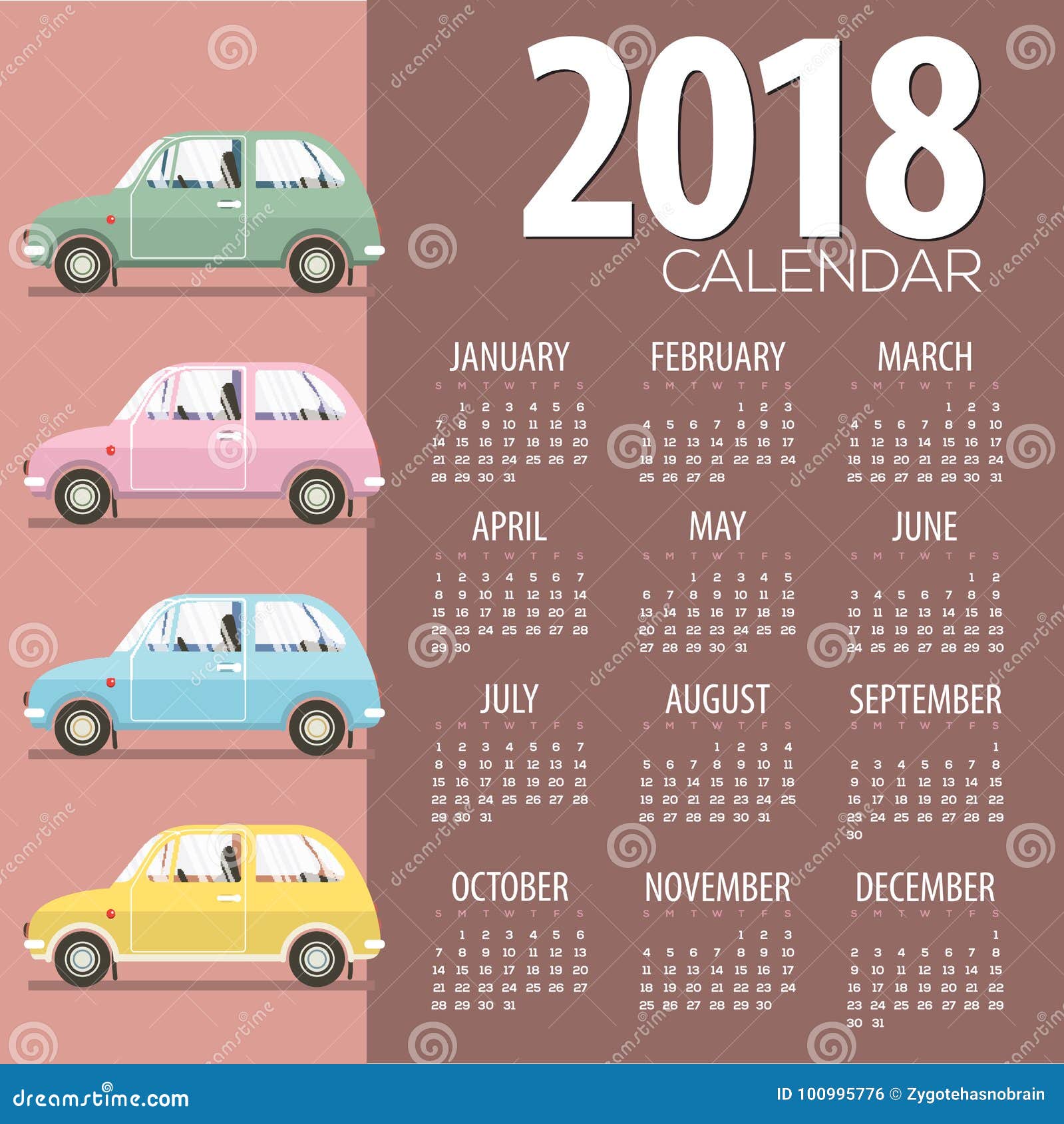 Календарь 2018 плоского дизайна автомобилей года сбора винограда Printable  начинает воскресенье Иллюстрация вектора - иллюстрации насчитывающей  автомобили, иллюстрация: 100995776