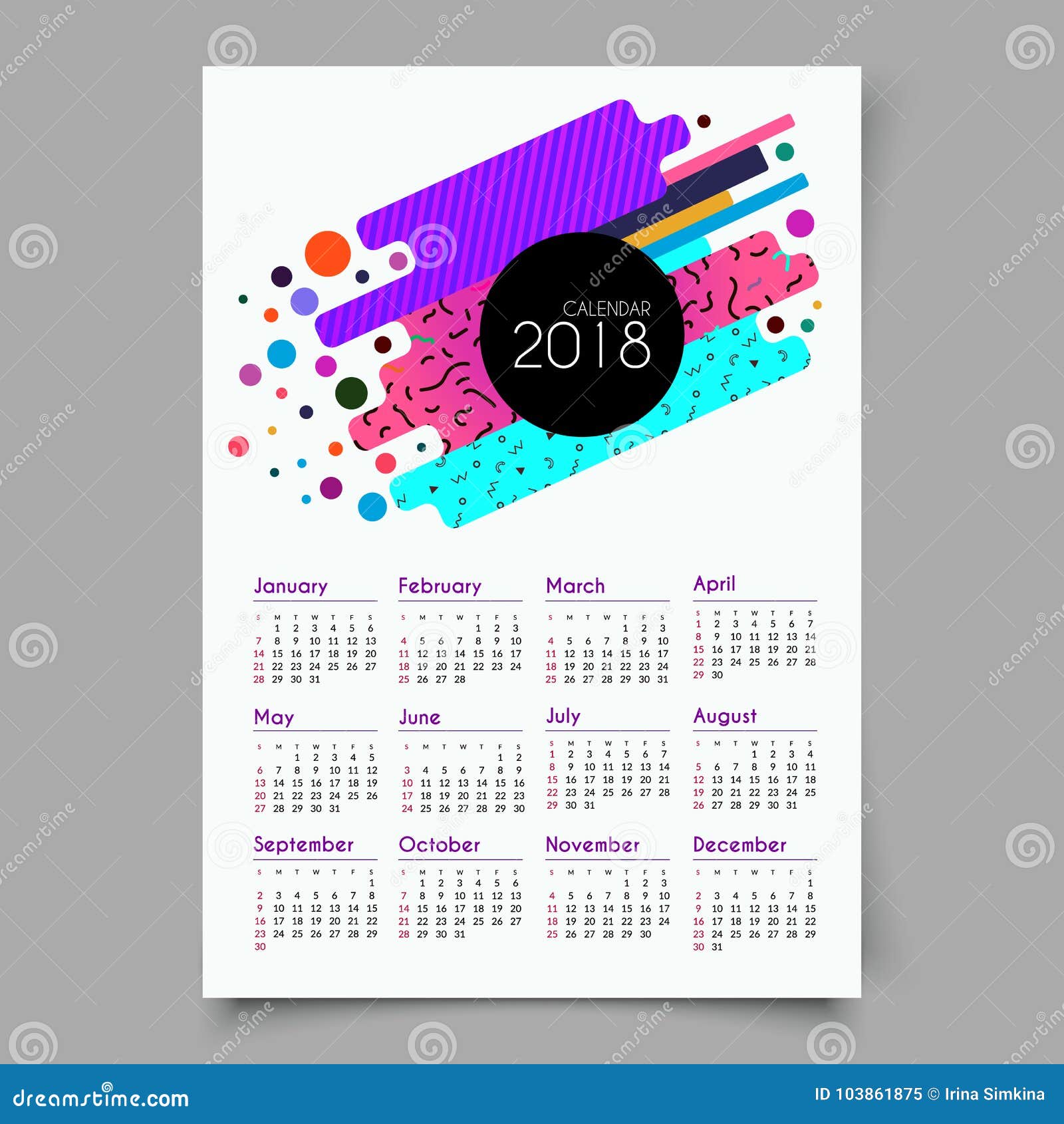 Календарь 2018 Стиль ретро моды 80s или 90s года сбора винограда Карточки  Мемфиса Ультрамодные геометрические элементы Ультрамодн Иллюстрация вектора  - иллюстрации насчитывающей бумага, геометрическо: 103861875