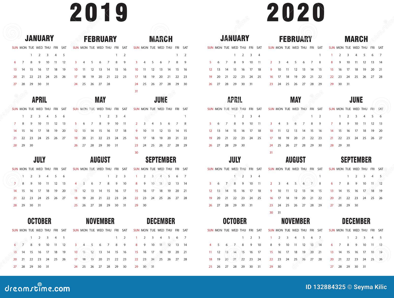 Календарь 2019-2020 черно-белый Иллюстрация вектора - иллюстрации  насчитывающей ново, маркированно: 132884325