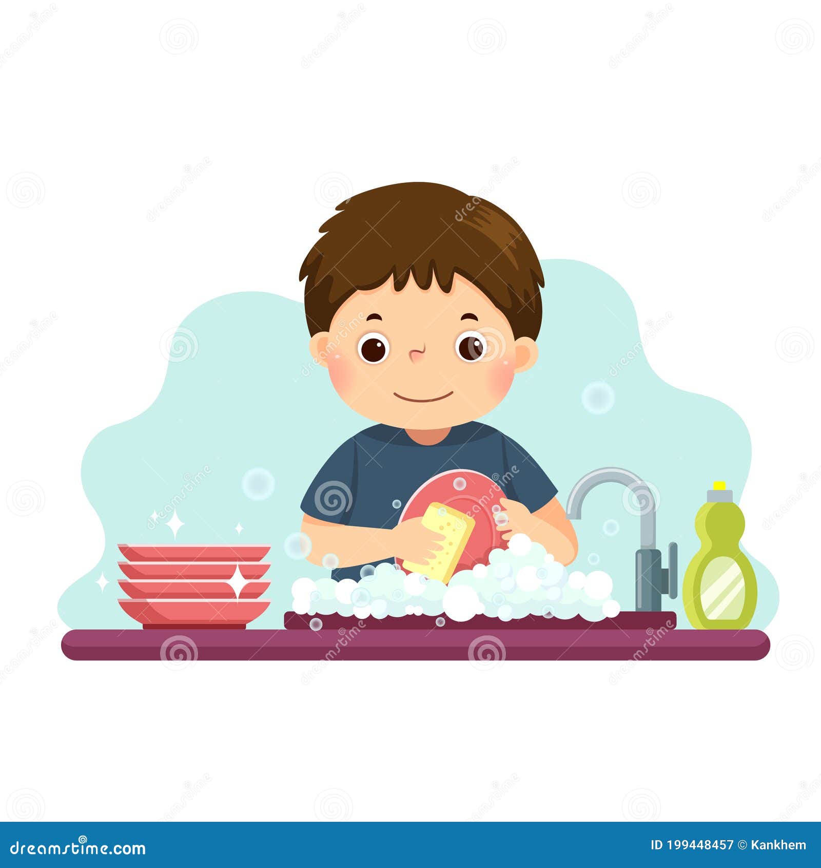 Мальчик моет посуду. Мальчик моет посуду для детей. Мытье посуды векторное изображение для детей. Мальчик моет посуду иллюстрация.