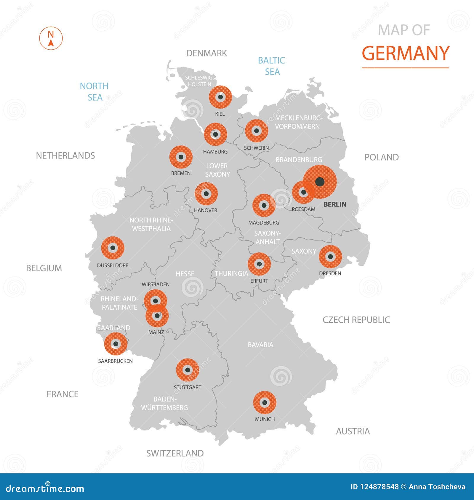 Karta Germanii S Administrativnymi Okrugami Illyustraciya Vektora Illyustracii Naschityvayushej Nacionalno Sero 124878548