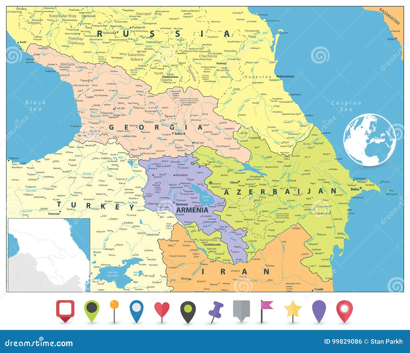 Карта Кавказа политическая и плоские отметки карты Иллюстрация вектора -иллюстрации насчитывающей икона, отметка: 99829086