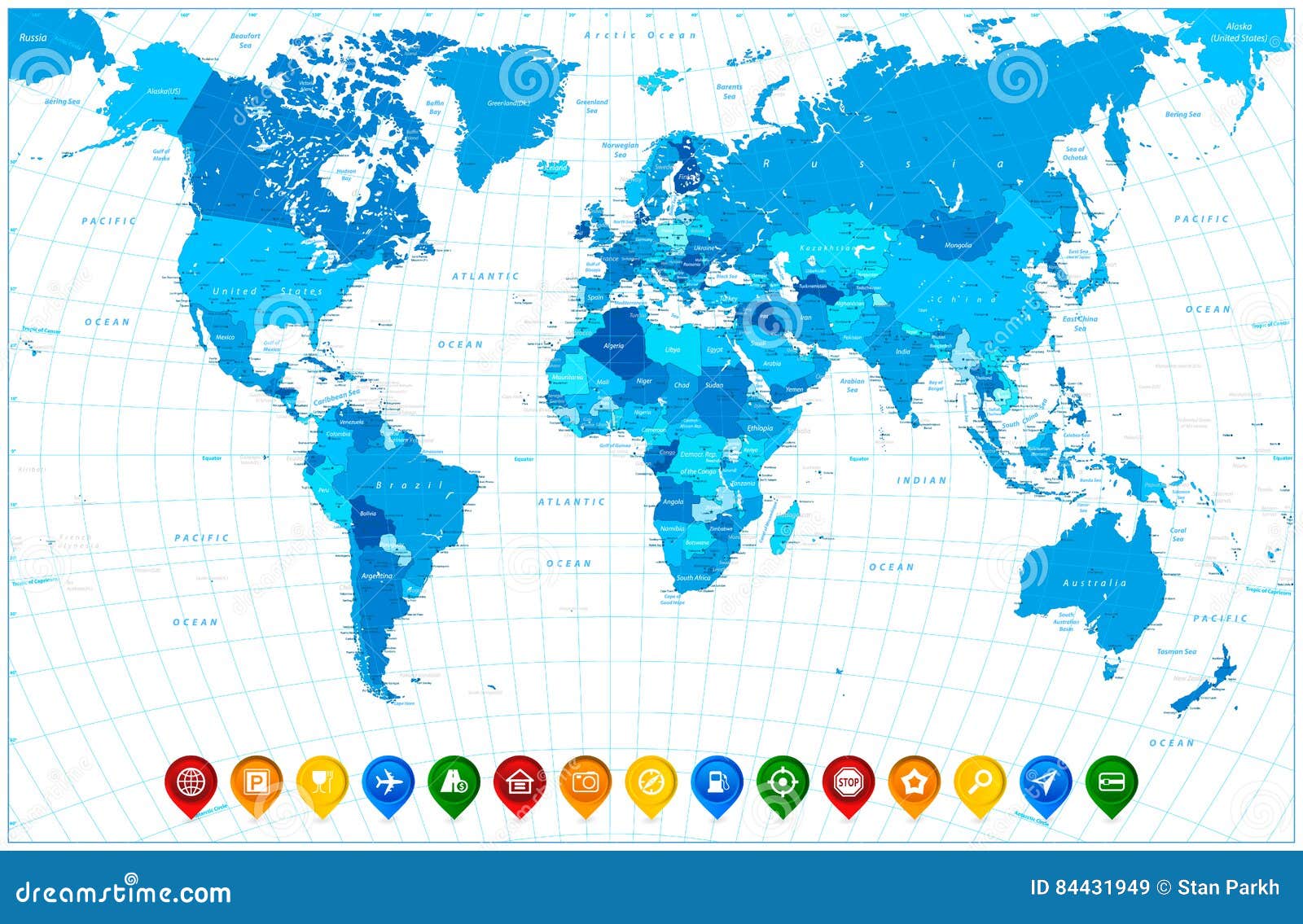 Карта цвета синего. Карта со всеми указателями. Карта мира 2 д дизайна где есть 2 цвета синий и красный.