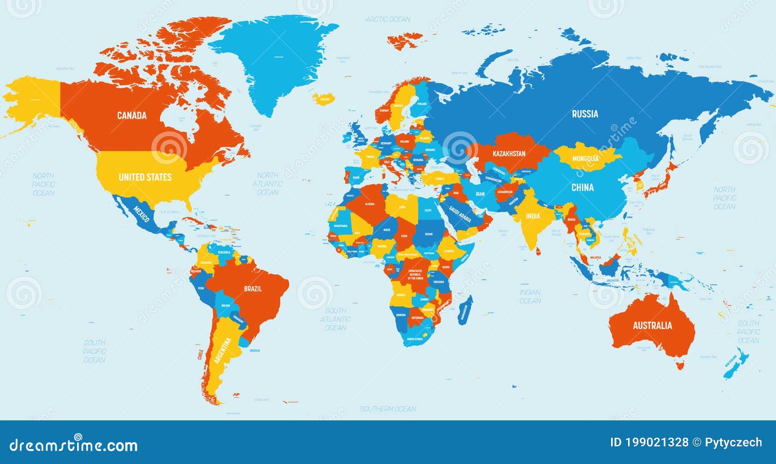 Карта мира- яркая цветовая схема 4 Политическая карта мира с маркировкимаксимально подробно названий стран, океана и море Иллюстрация вектора -иллюстрации насчитывающей америка, вышесказанного: 199021328