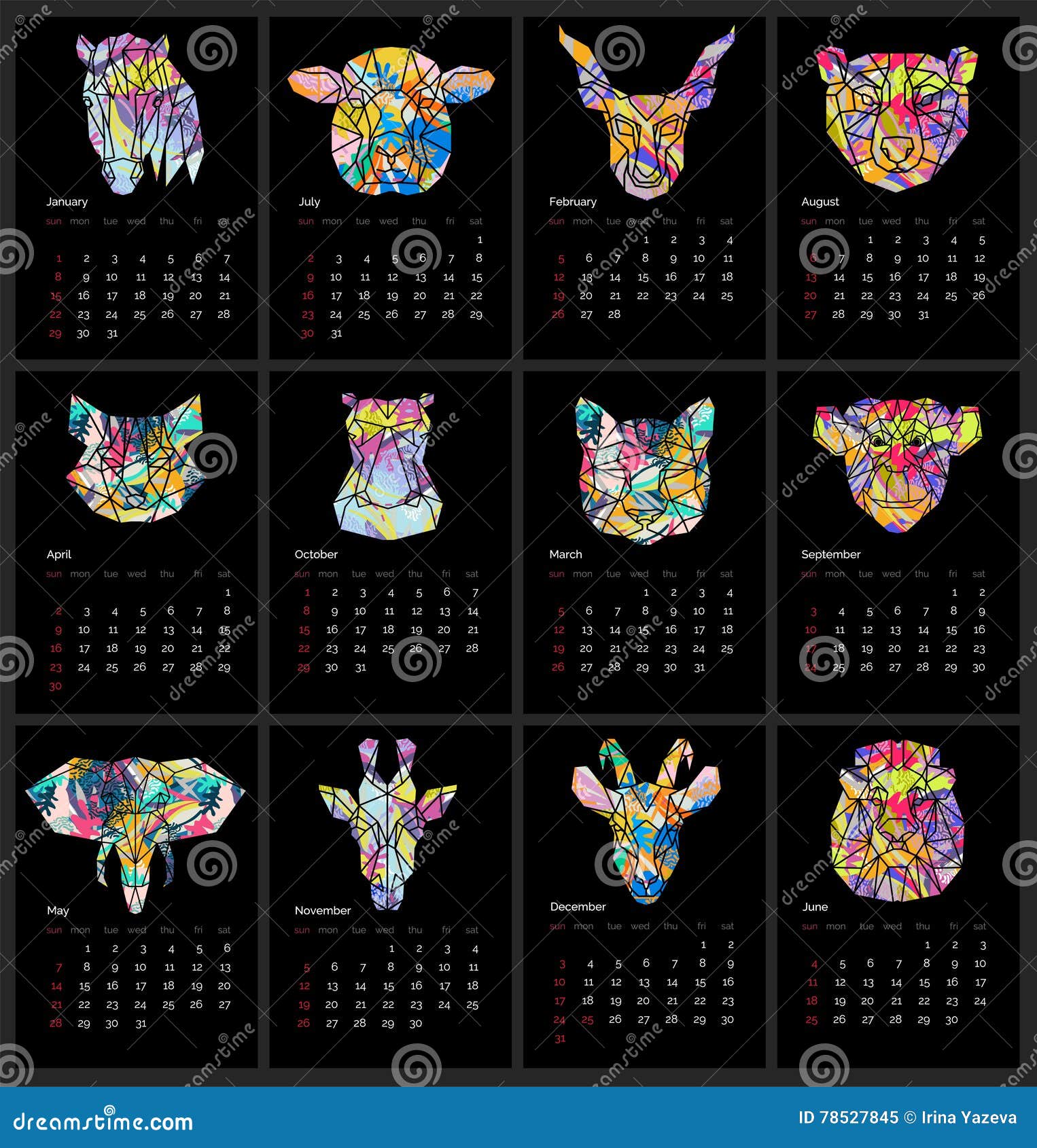 Календарь стиль 2017 год простой животный Иллюстрация вектора - иллюстрации  насчитывающей ноябрь, смогите: 78527845