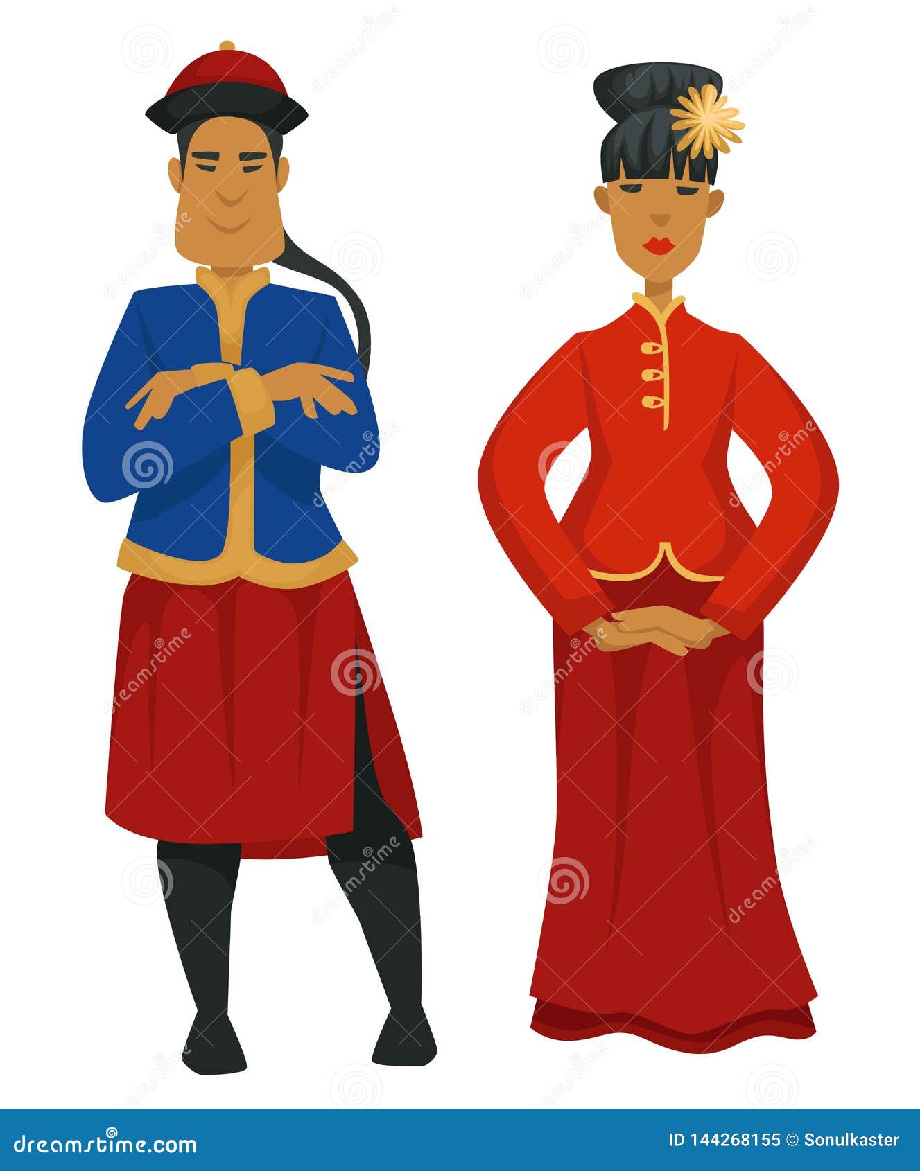 Китайские национальные одежда или костюмы человек и культура Китая женщины  Иллюстрация вектора - иллюстрации насчитывающей элемент, мужчина: 144268155