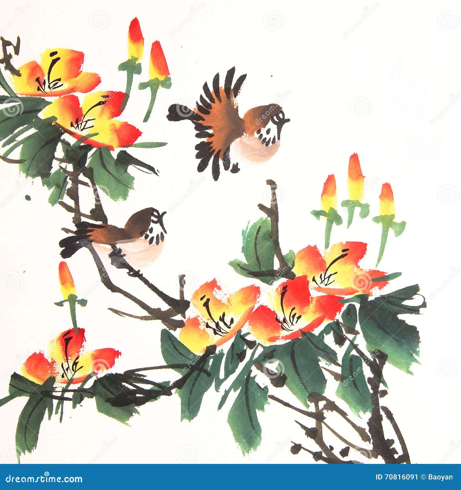 Птицы тушью. Китайские птички миниатюры акрил.