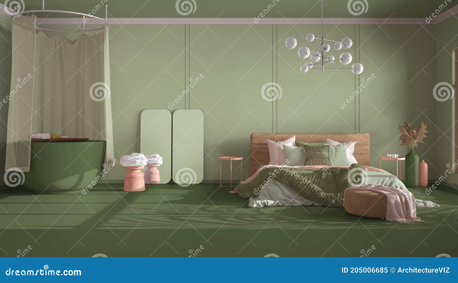 Классическая зеленая фон с пространством для копирования : Пустые спальня и ванная комната с двухместной кроватью ванны с постельн Иллюстрация штока - иллюстрации насчитывающей канделябры, покрашено: 205006685