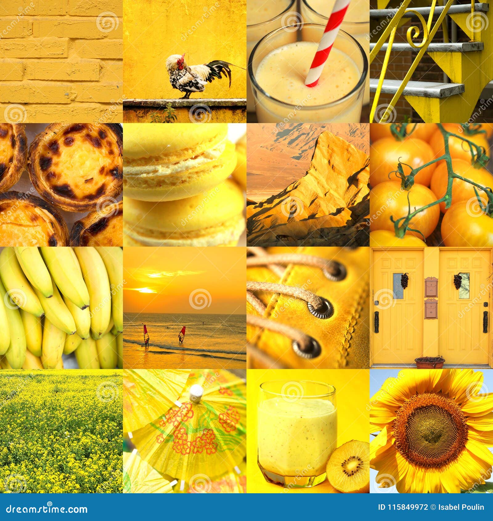 Коллаж различных объектов и еда в желтом цвете Стоковое Фото - изображение  насчитывающей цветы, счастливо: 115849972