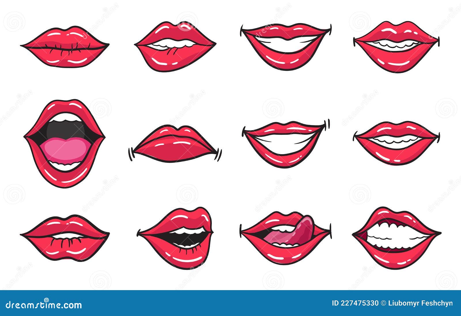 комические женские красные губы установлены. женский рот с помадой в стиле винтажного комикса. иллюстрация Rop Art Retro Иллюстрация вектора - иллюстрации насчитывающей элемент, очарование: 227475330