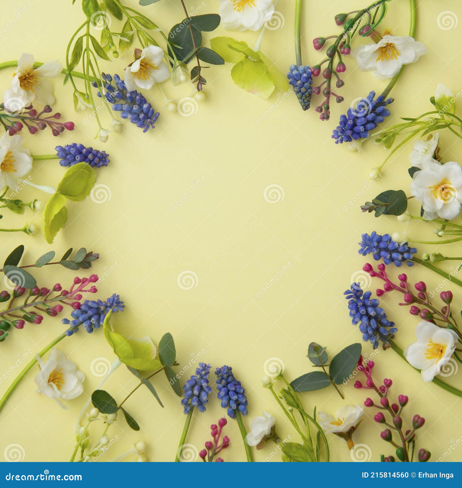композиция круга весенних цветов. квадратная рамка из мускаров и дикихцветов на пастельно-желтом фоне. счастливый Стоковое Фото - изображениенасчитывающей украшения, открытка: 215814560