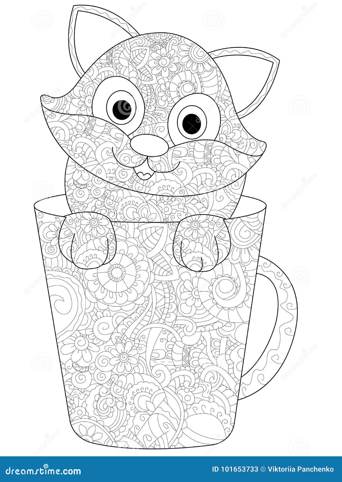 Раскраска котик в кружке