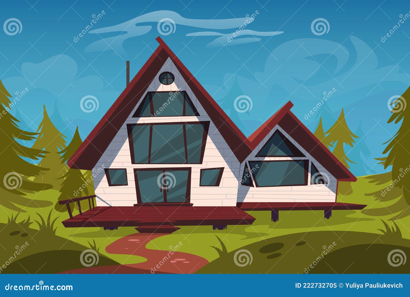 коттедж в лесу деревянный дом на сваях на поле Иллюстрация вектора -  иллюстрации насчитывающей обитаемый, эко: 222732705
