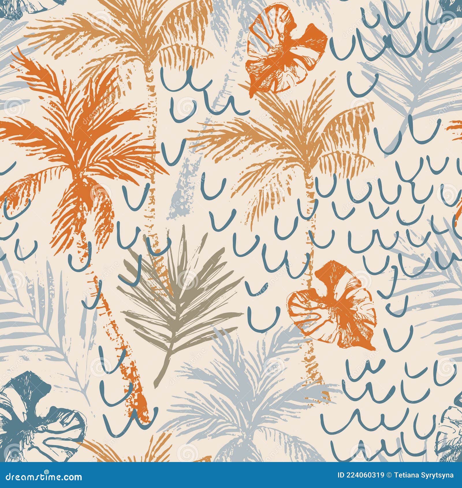 красивые абстрактные тропики бесшовный рисунок. гранжевые пальмы тропические  листья на волнистом бежевом фоне Иллюстрация вектора - иллюстрации  насчитывающей картина, флористическо: 224060319