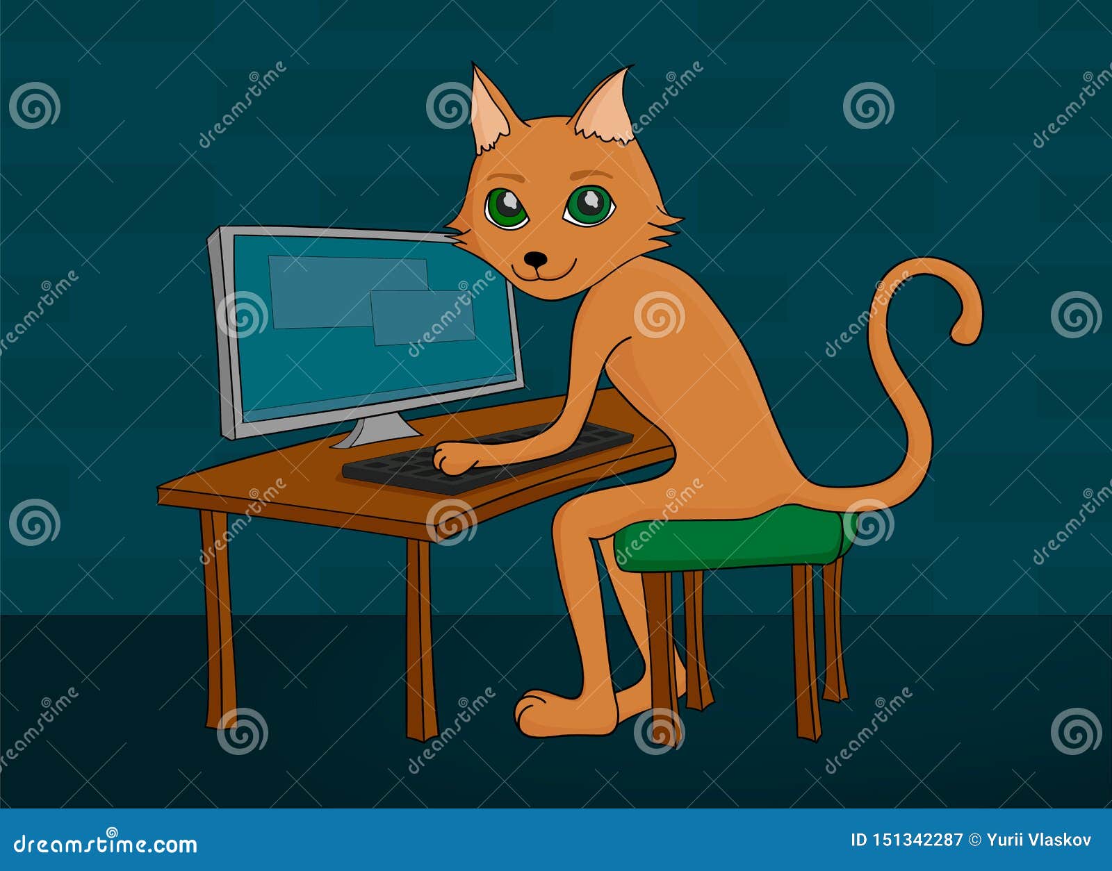 Кот за компьютером рисунок