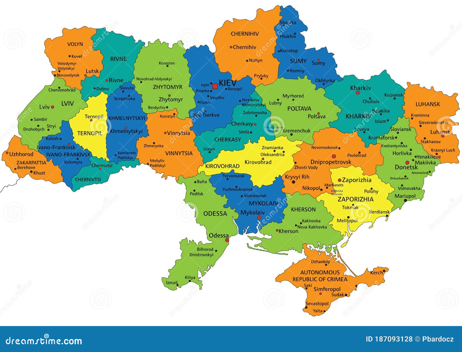 Красочная политическая карта Украины с назначенными четко разделеннымислоями. Иллюстрация вектора - иллюстрации насчитывающей померанцово, город:187093128