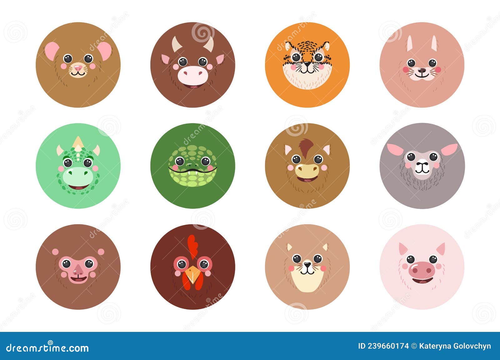 Round animals. Animal avatar vector.