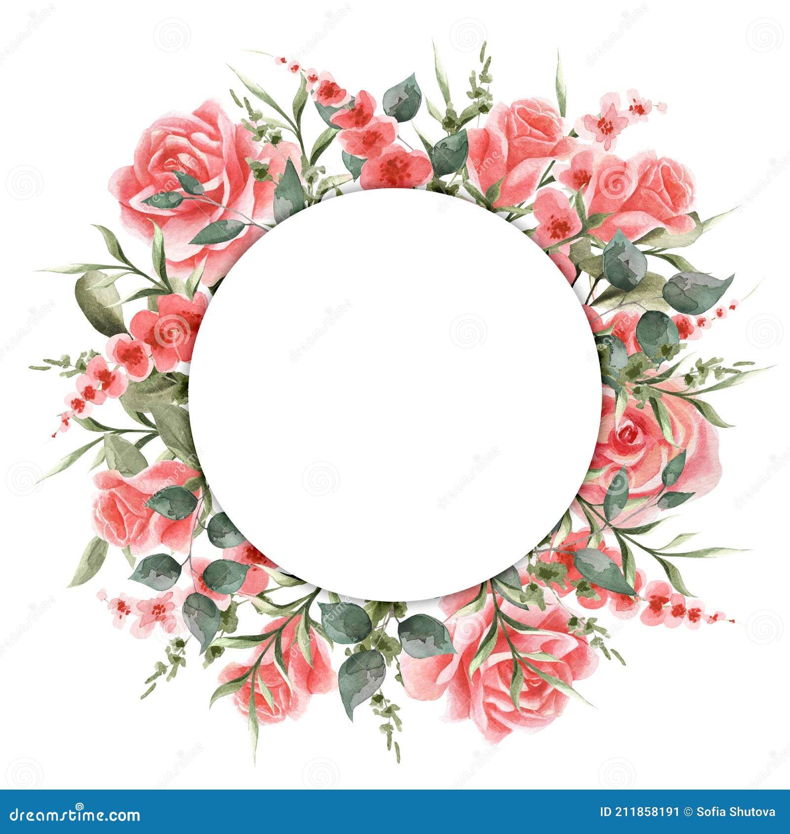 Круглый рамка для надписей текста. Фон весны розами и листьями в форме  круга акварели. Иллюстрация штока - иллюстрации насчитывающей зелень, пинк:  211858191