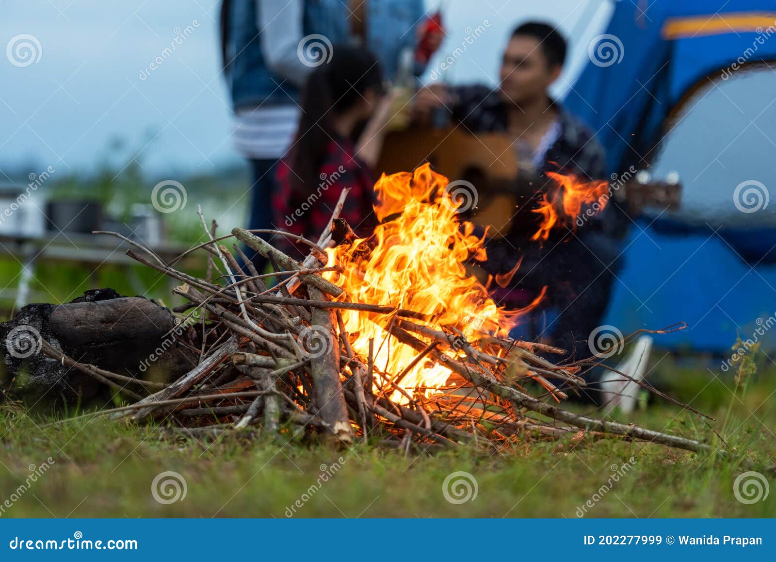 Лагерный костер в туристическом лагере на природе на открытом воздухе искрах пламени огня леса. Фон друга группы Стоковое Изображение - изображение насчитывающей друг, пожар: 202277999