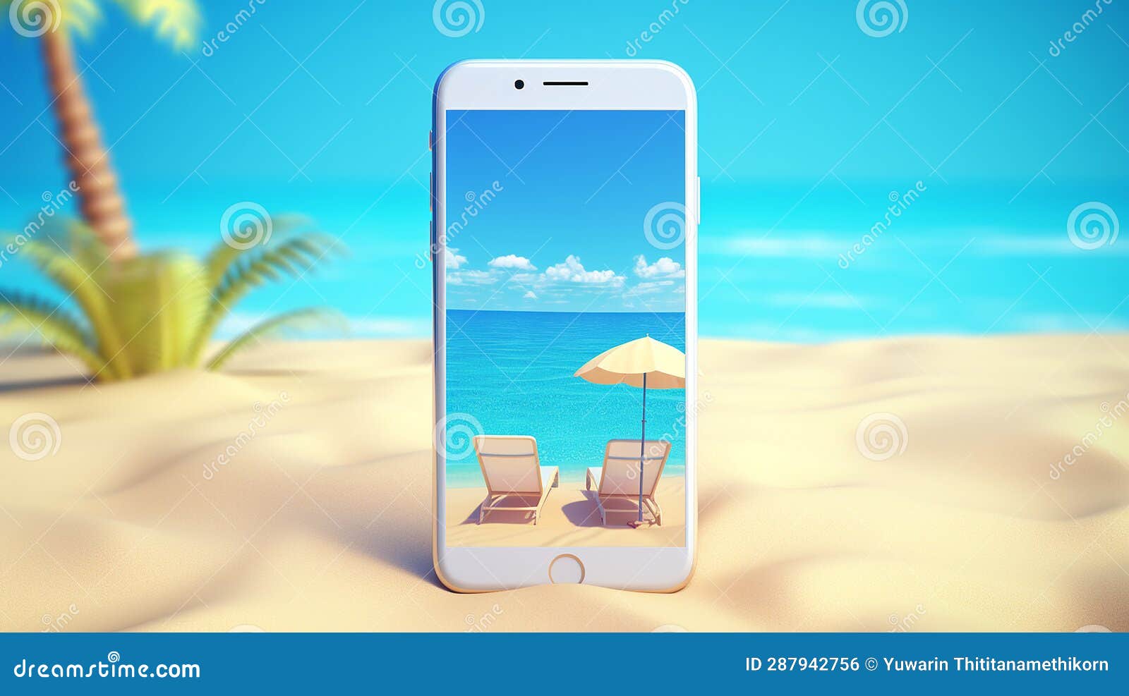 летний пляж на смартфоне пустой сотовый телефон с видом на море.  генеративный помощник Иллюстрация штока - иллюстрации насчитывающей рука,  космос: 287942756