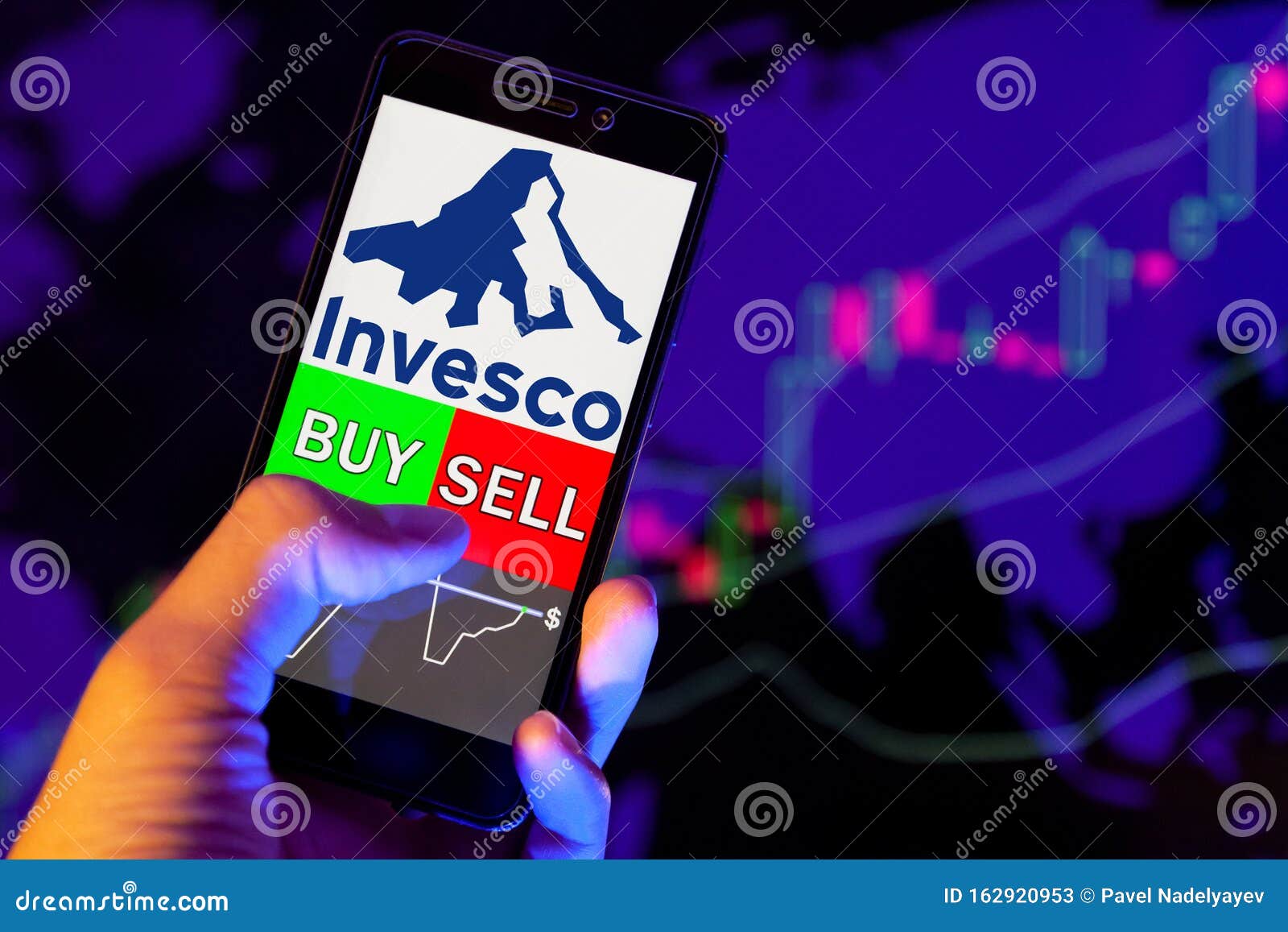 Логотип компании Invesco Ltd IVZ на экране смартфона, рука торговца,  держащего мобильный телефон, показывающий BUY или SELL на фо Редакционное  Стоковое Фото - изображение насчитывающей диаграмма, обмен: 162920953