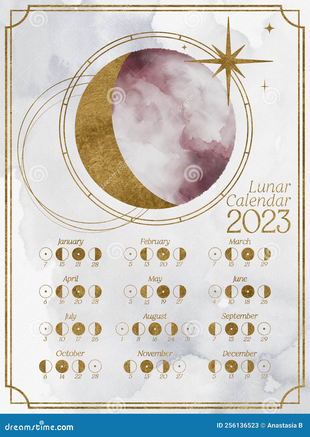 лунный календарь на 2023 год в Южном полушарии. календарь луны с фазой луна  и луна с золотой текстурой Иллюстрация штока - иллюстрации насчитывающей  календар, полумесяц: 256136523