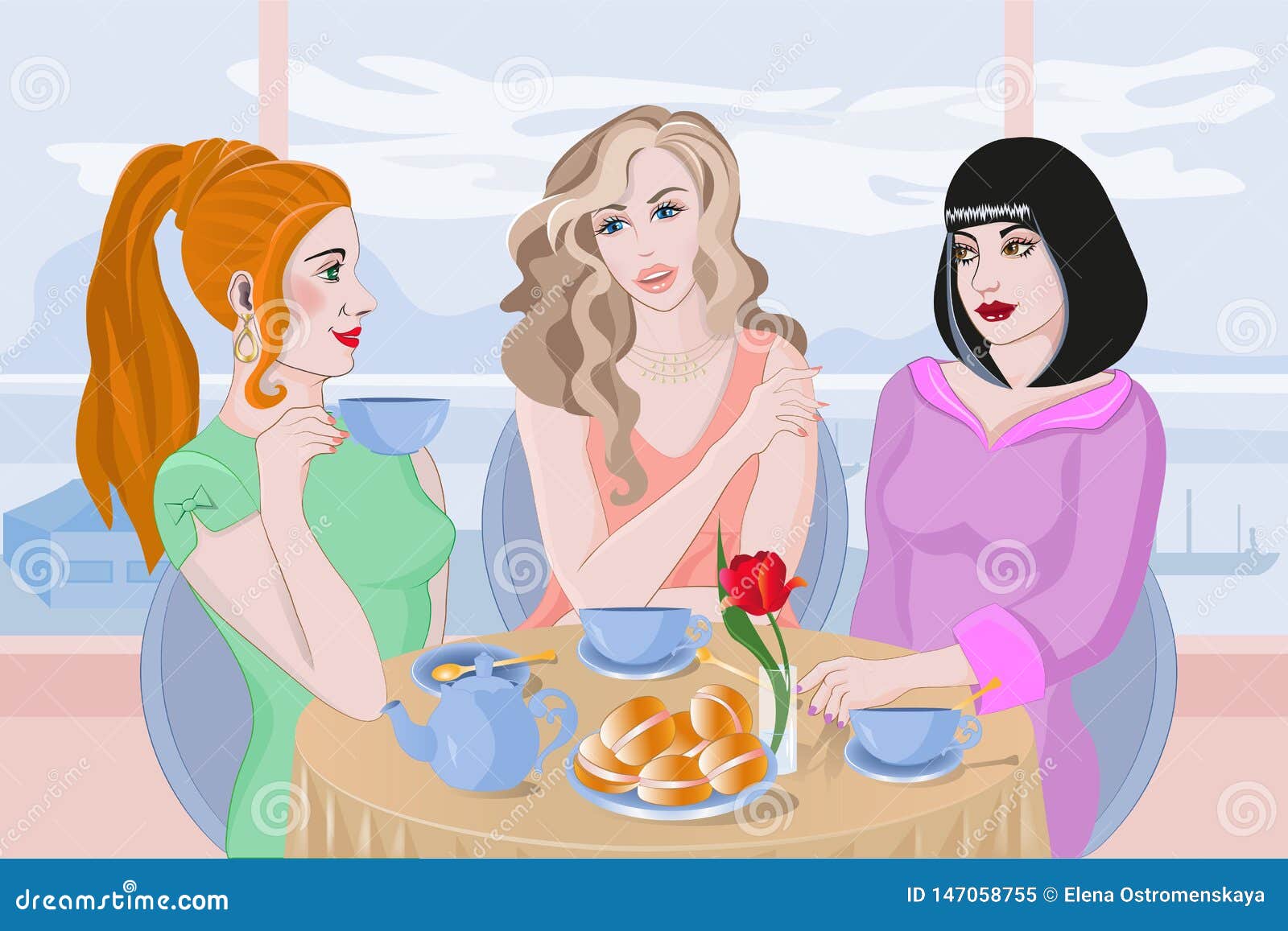 Пьет сестру друга. Чаепитие с подружками. Три девушки за столом. Три подружки в кафе. Иллюстрации подружки в кафе.