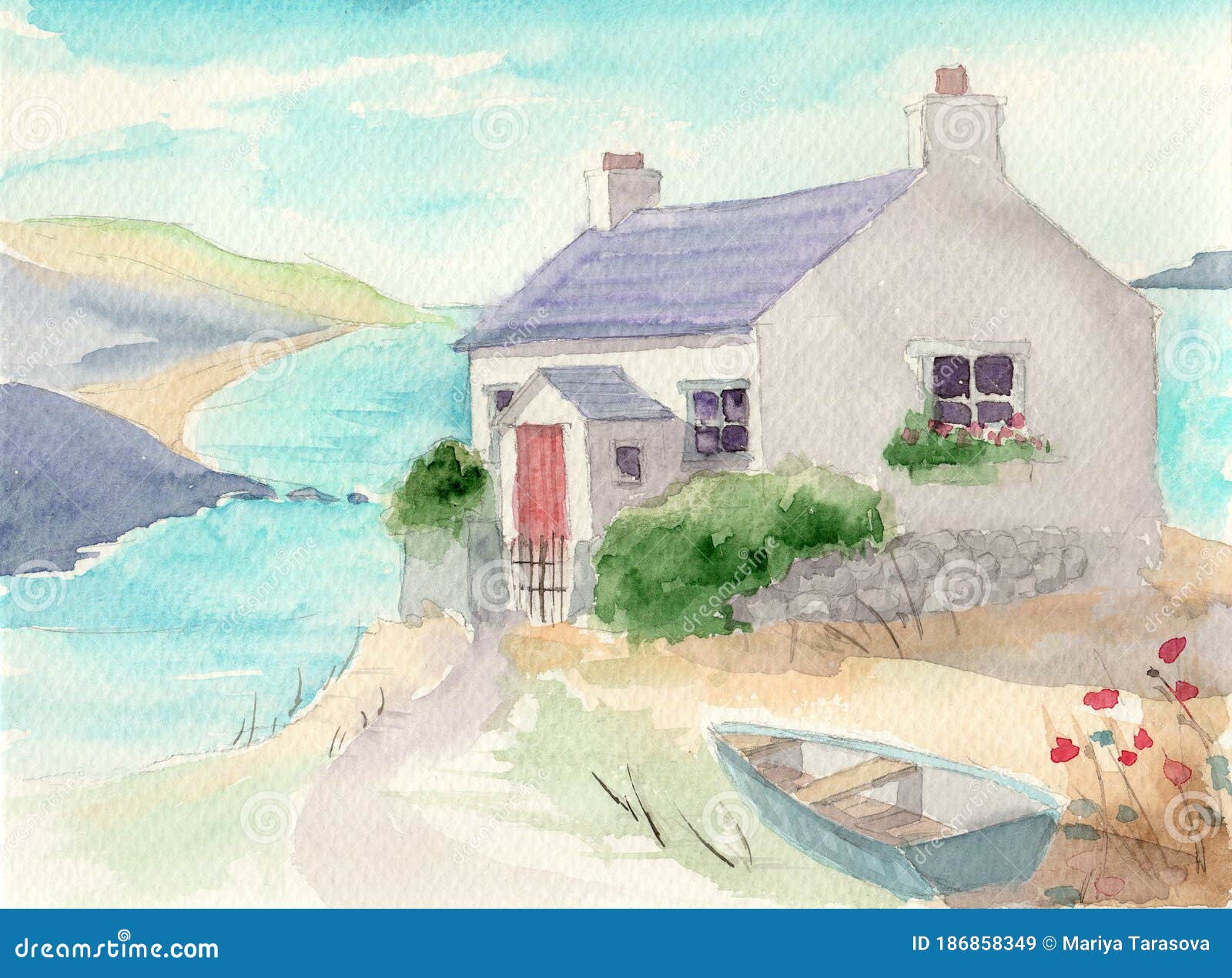 Маленький домик на берегу моря Иллюстрация штока - иллюстрации  насчитывающей достопримечательностью, гора: 186858349