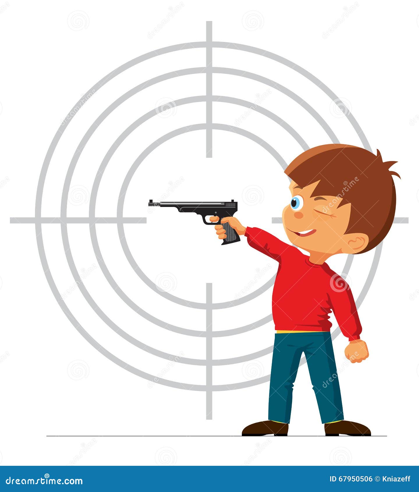 Включи стрелок. Мальчик стреляет из пистолета. Юный стрелок. Стрельба на прозрачном фоне. Тир иллюстрация.