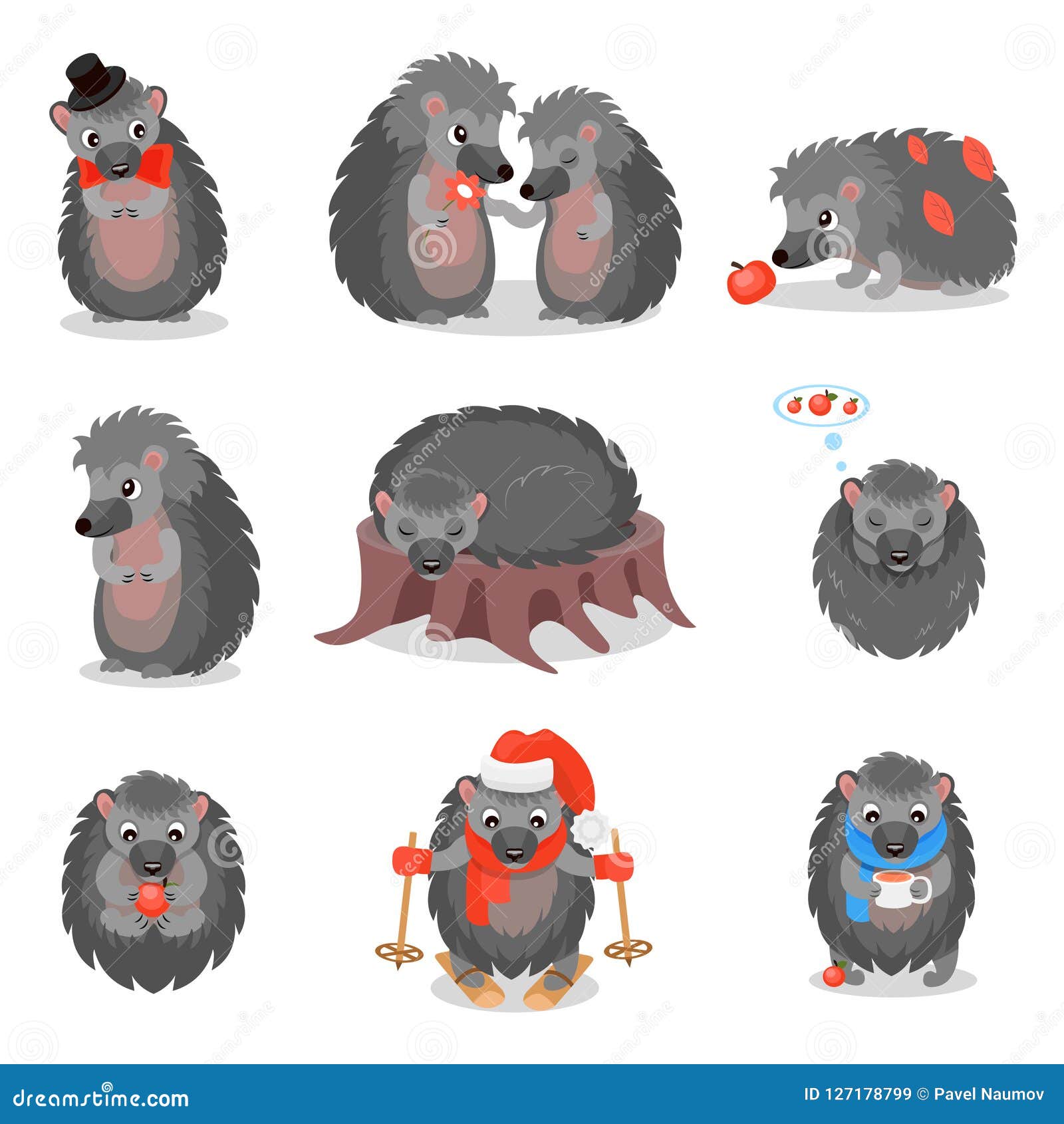 Милые ежи установили, сладостные серые персонажи из мультфильма животных в  различной иллюстрации вектора ситуаций на белизне Иллюстрация вектора -  иллюстрации насчитывающей дети, счастливо: 127178799