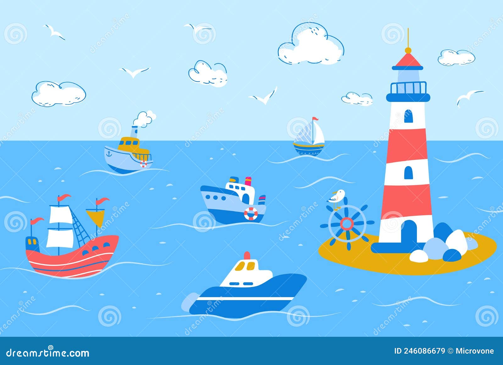 милый корабль и крейсер в океанском ландшафте. Карикатурный парусный  корабль и маяк. горизонтальный детский фон Иллюстрация вектора -  иллюстрации насчитывающей дети, немного: 246086679