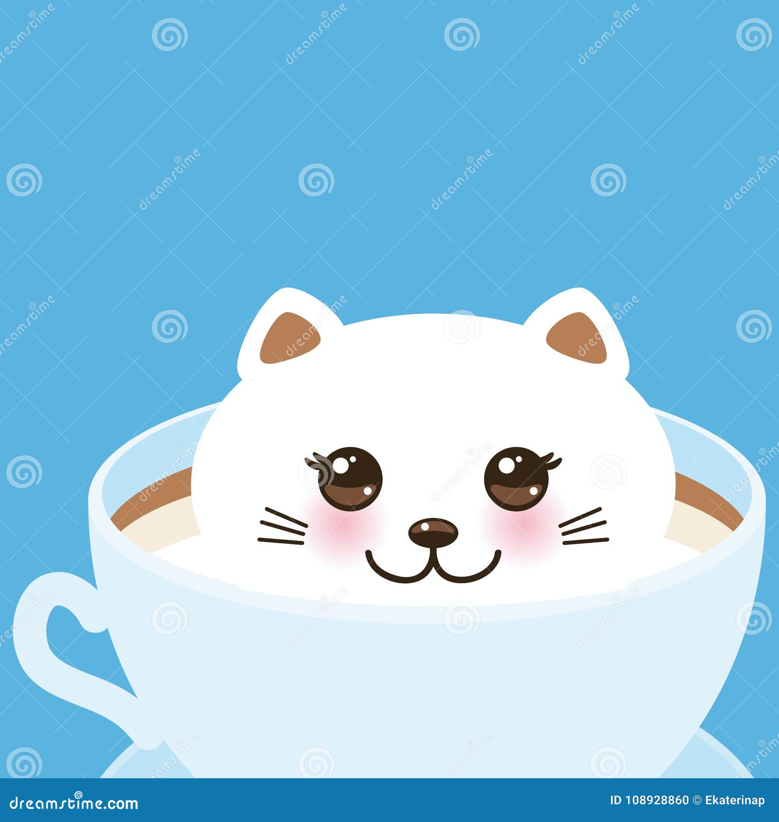 Милый кот Kawai в голубой чашке кофе искусства пены, искусства кофе  изолированного на белой предпосылке Искусство 3D Latte верхня Иллюстрация  вектора - иллюстрации насчитывающей классицистическо, взволнованность:  108928860
