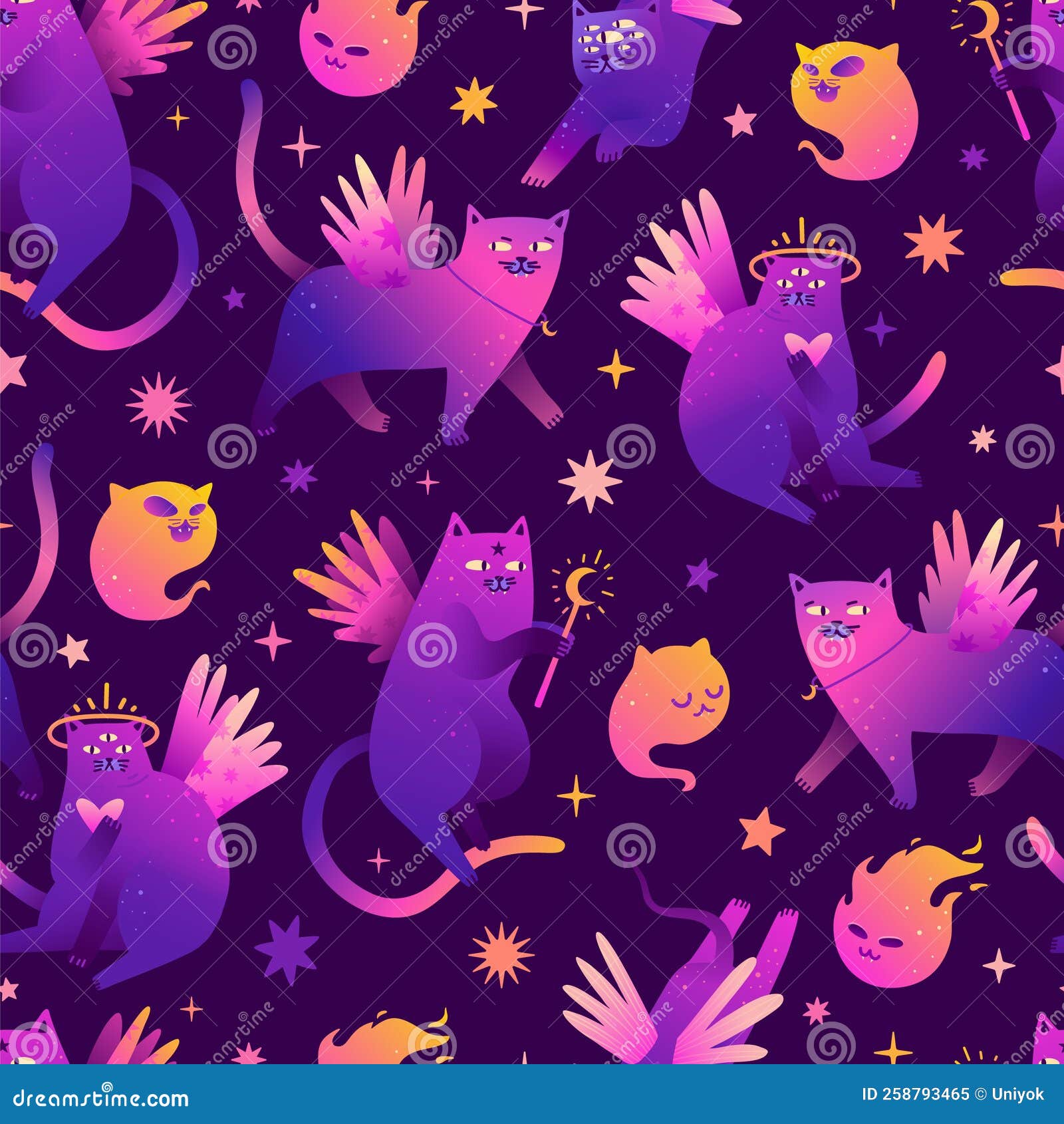 мистический бесшовный узор с мультяшными блестящими кошками. волшебные  персонажи кошек со звездами. эзотерические неоновые обои. м Иллюстрация  вектора - иллюстрации насчитывающей характер, киска: 258793465