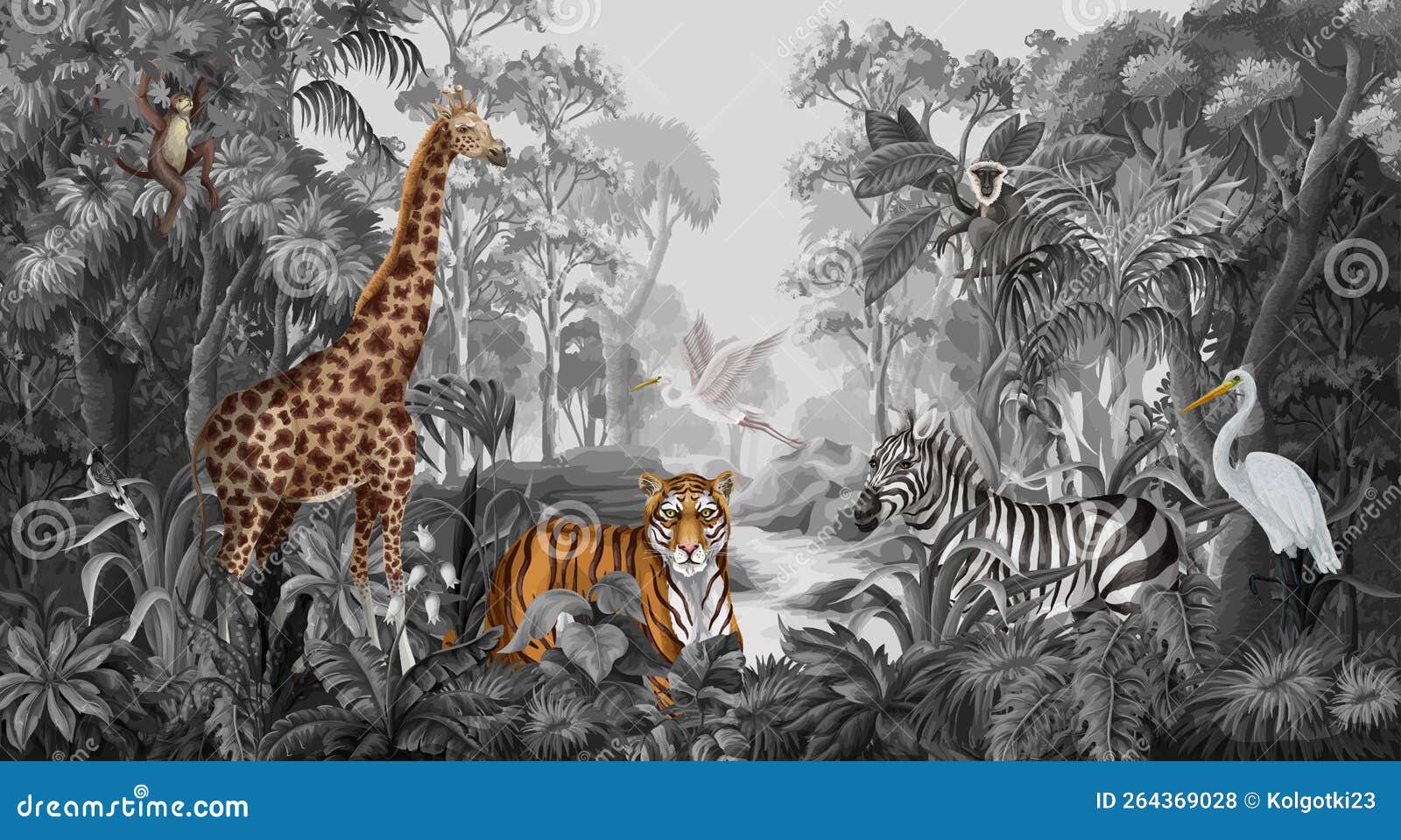 монохромные джунгли с дикими животными для детей. вектор. Иллюстрация  вектора - иллюстрации насчитывающей изолировано, красивейшее: 264369028
