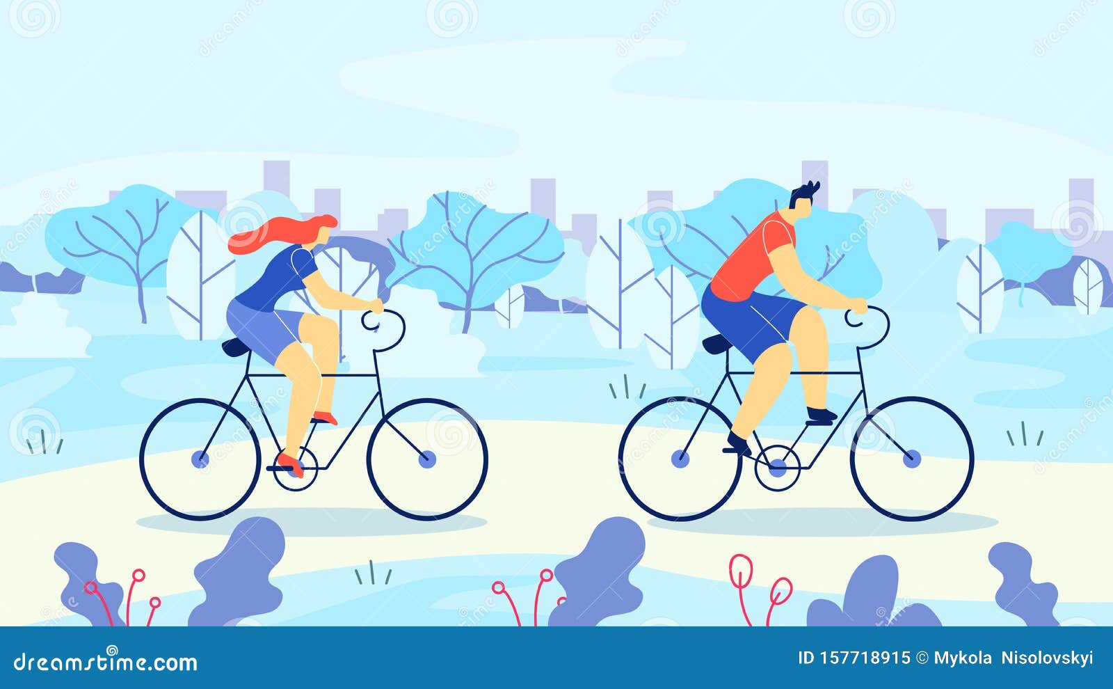 Мужчина и женщина ездят на велосипедах из Таун-Карикатура Иллюстрация штока  - иллюстрации насчитывающей идея, плоско: 157718915