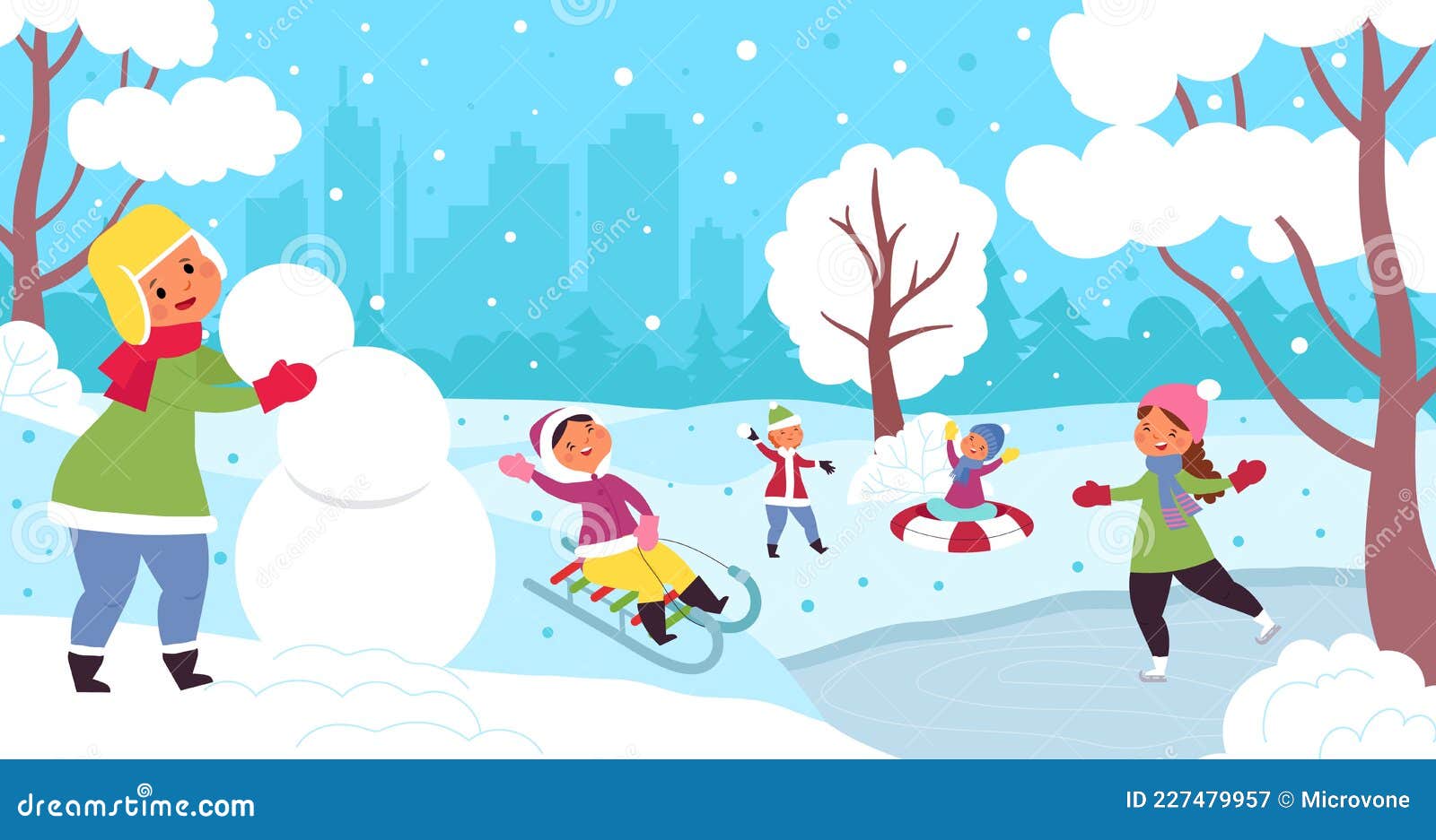 мультфильм зимние дети. детская иллюстрация ребенок снежный рождественский  отпуск. веселые детские группы играть в снежки и катани Иллюстрация вектора  - иллюстрации насчитывающей иллюстрация, дети: 227479957