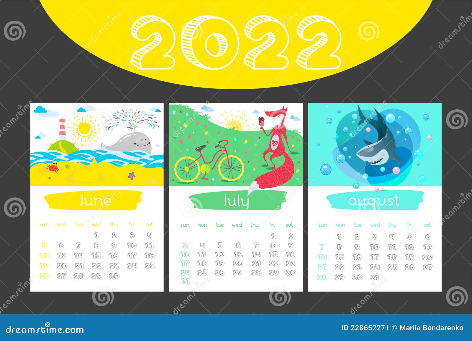 мультфильм летний календарь 2022 год. июнь июль август Иллюстрация вектора  - иллюстрации насчитывающей приветствие, лисица: 228652271