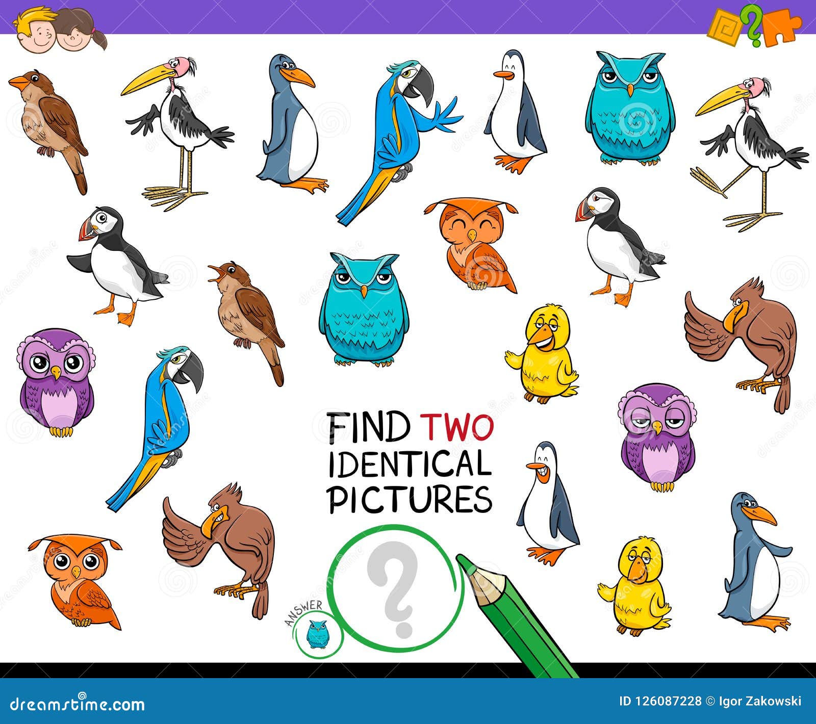 Найдите игра 2 идентичная изображений птицы для детей