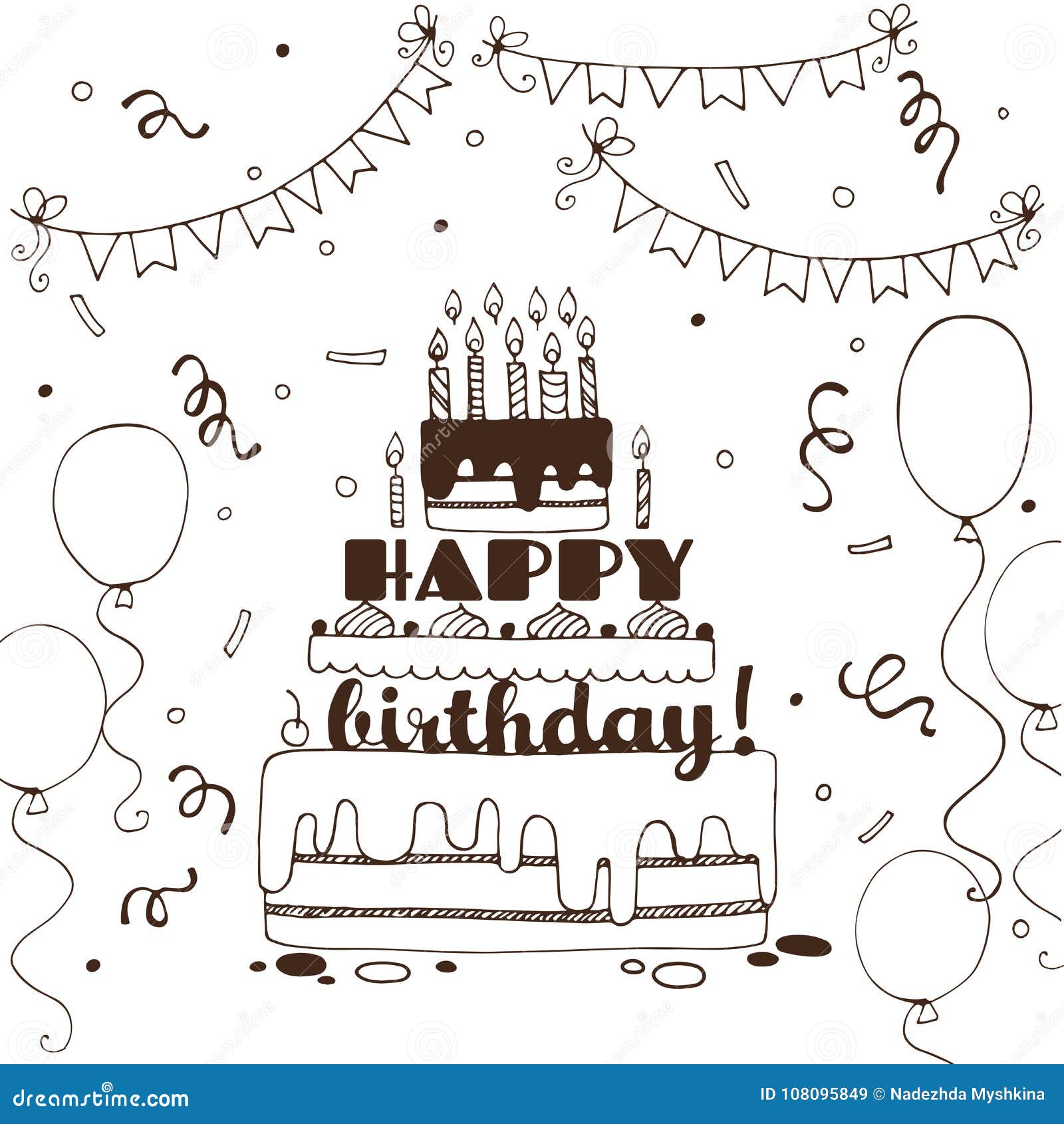 Нарисованная рукой с днем рождения поздравительная открытка Иллюстрация  вектора - иллюстрации насчитывающей торт, карточка: 108095849