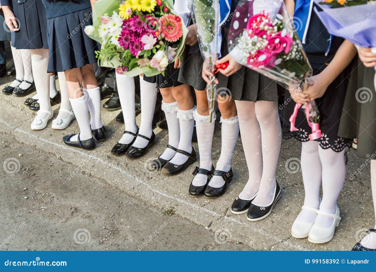 Начальная школа девушек с букетами цветков в его руках Ботинки на ее  колготки ноги и белых, носках и чулках Стоковое Фото - изображение  насчитывающей позволять, нога: 99158392